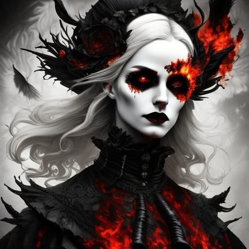<lora:Rococo-Horrorcore II:1.0> eine hübsche Frau, wilden weißen Haare, in schwarzem Leder gekleidet, mit Feuer in der H...