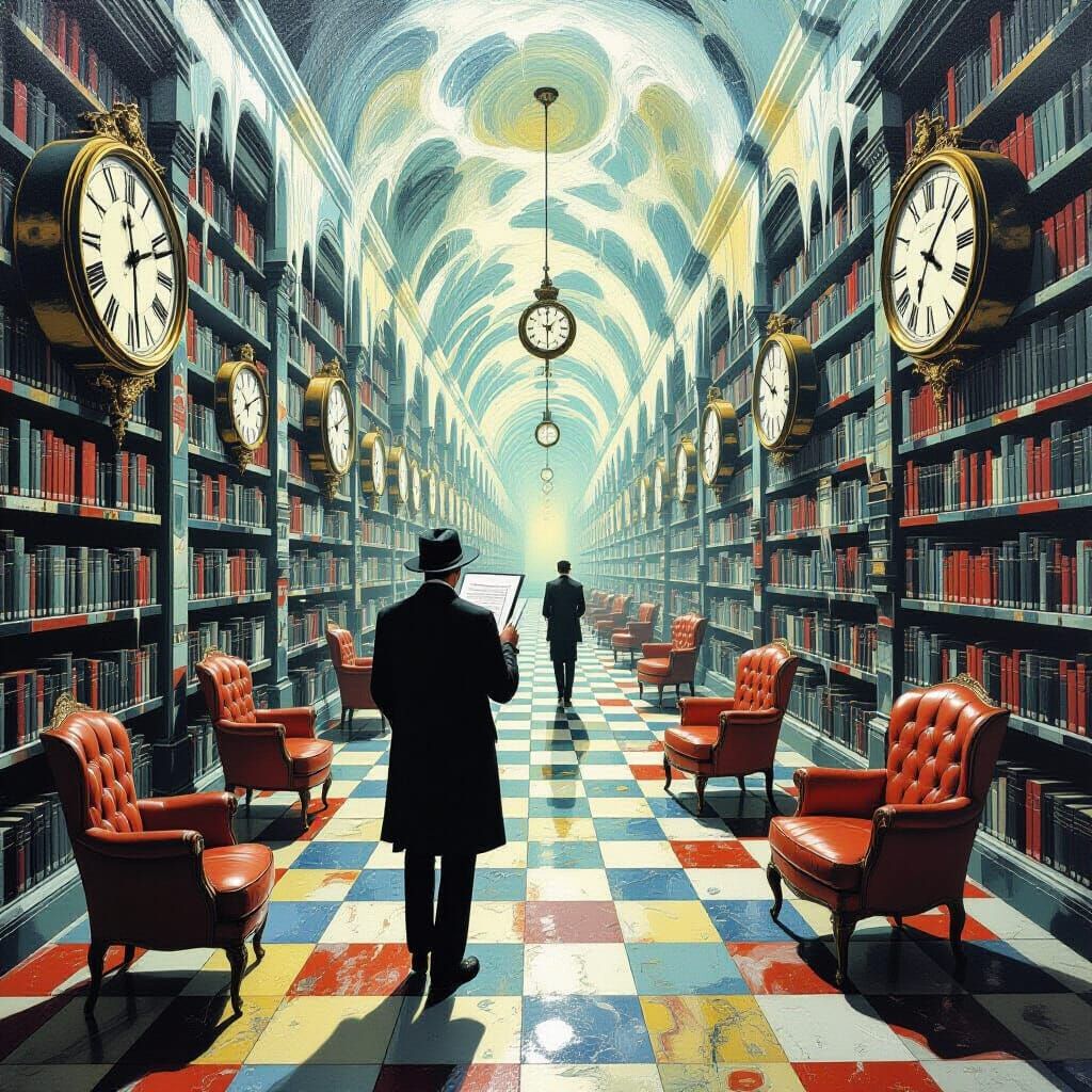 Surreal Library Search in Dreamlike Oil Painting Style