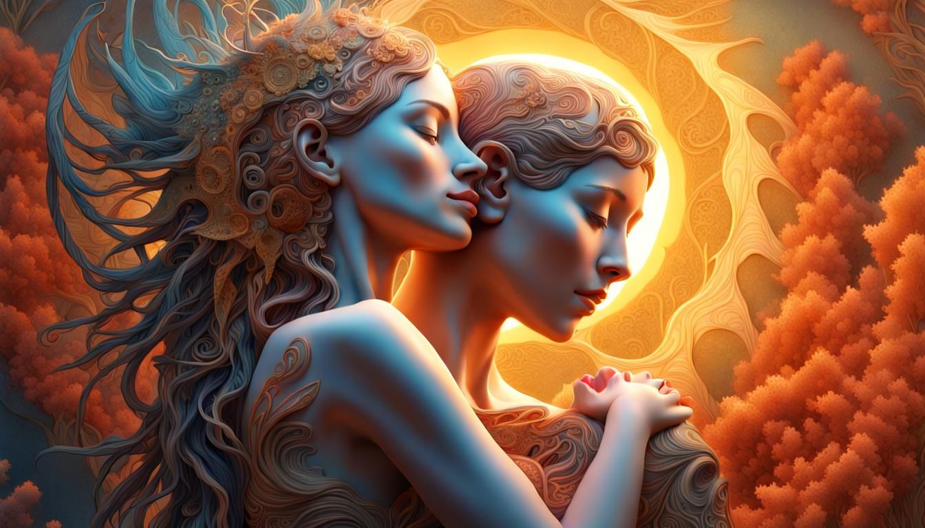 Surreal Sun and Moon Embrace in Fairytale Style