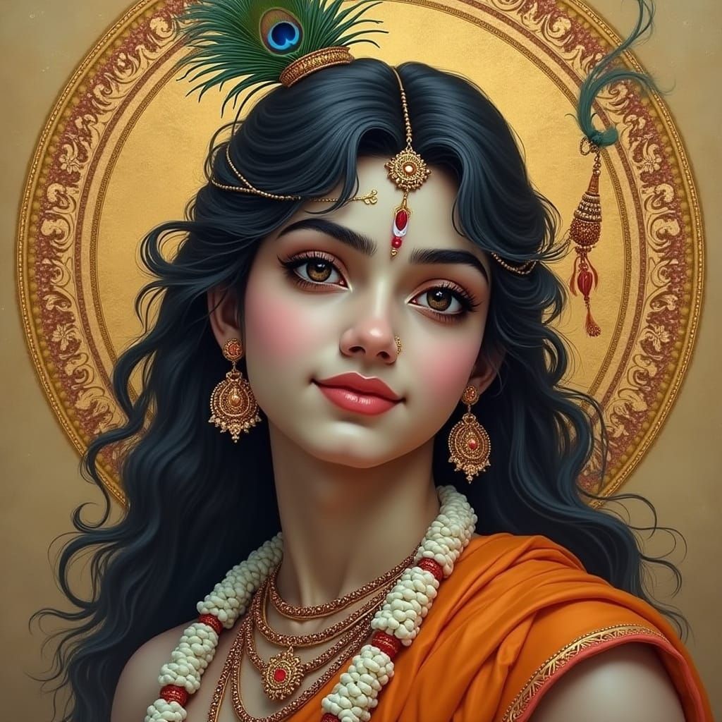 Divine Krishna Portrait in Ancient Indian Art Style