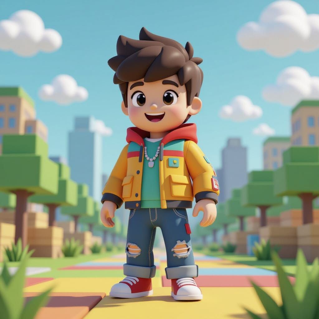 Roblox Boy in Trendy Avatar on Stylized Game Terrain
