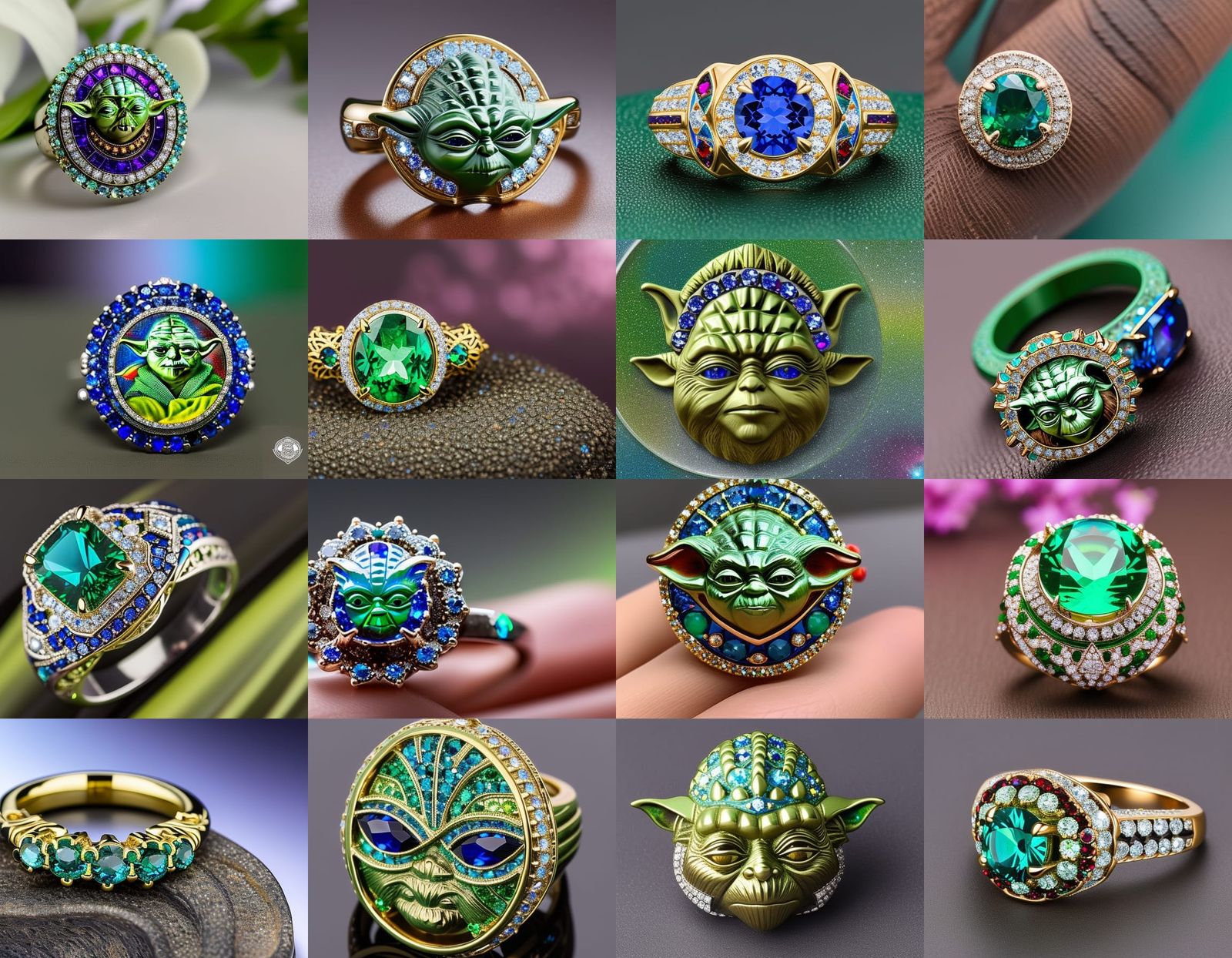 Yoda Head Inside Jewel Rings, Digital Art