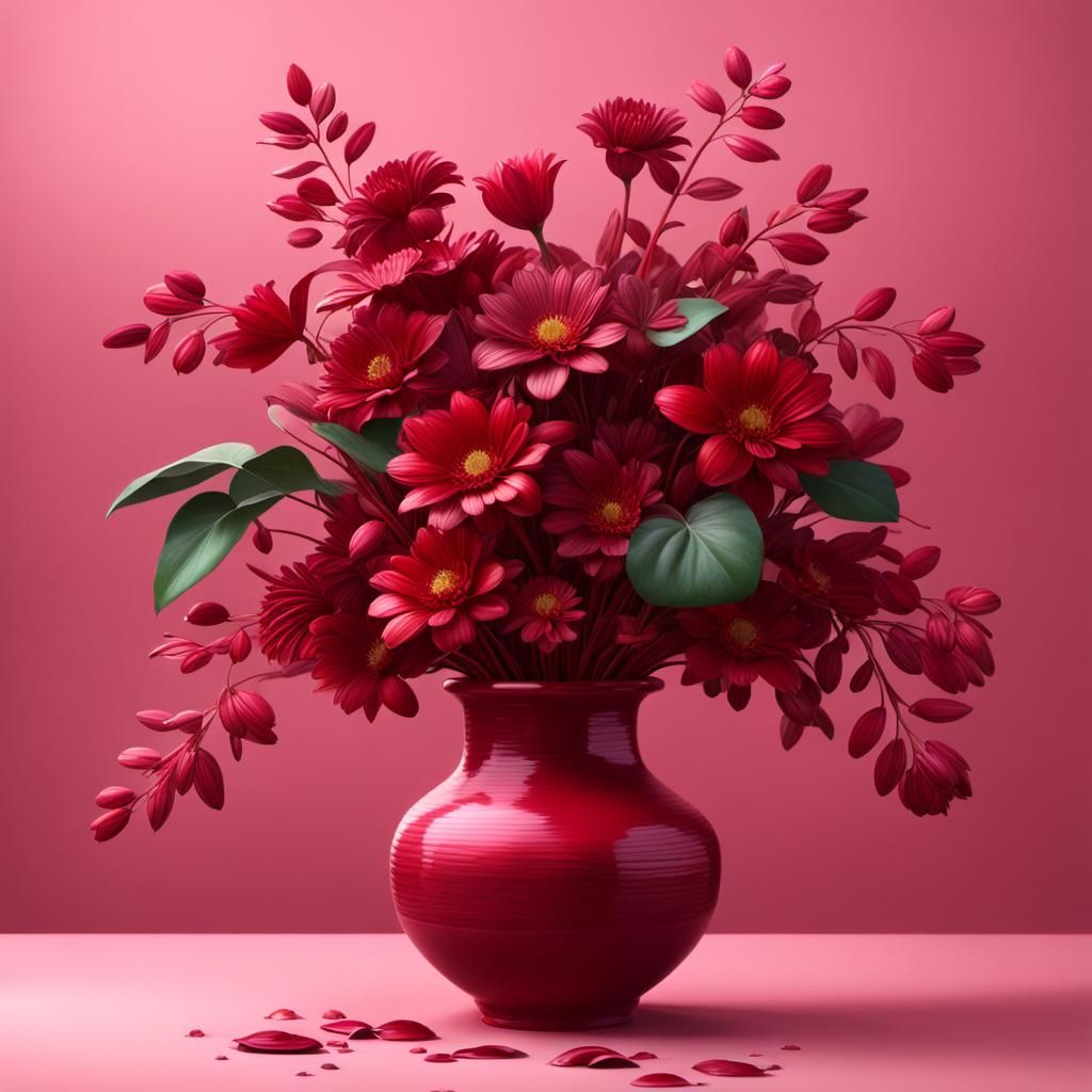 Deep Red Vase with Flowers: Fantasy Concept Art