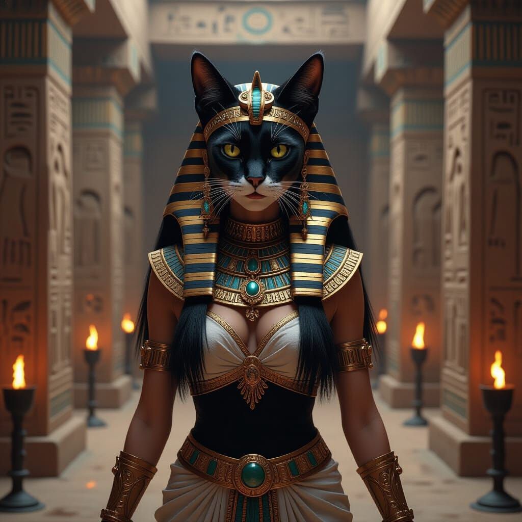 Egyptian Goddess Bastet in Ancient Tomb, Fantasy Art