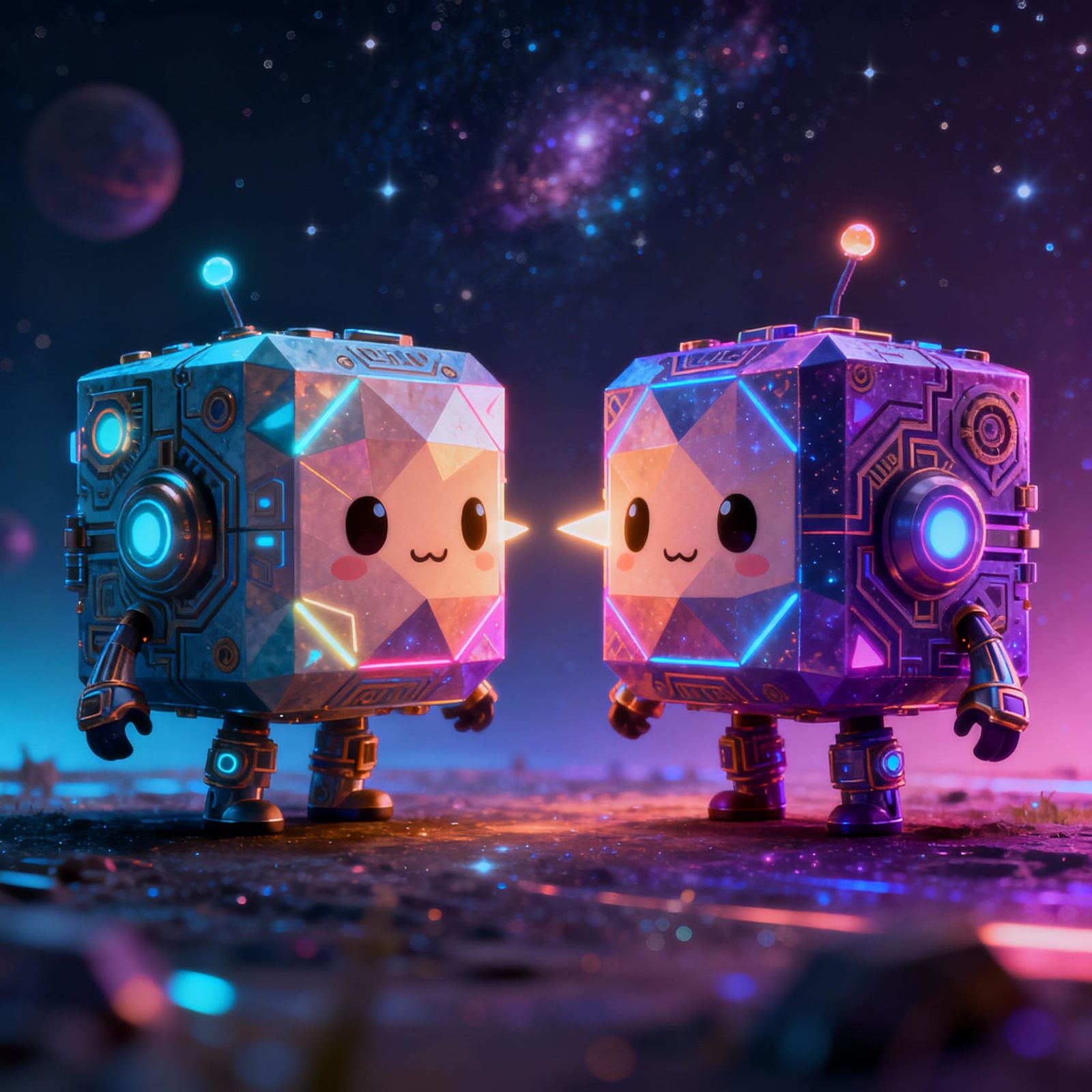 Adorable Sentient Cubes Converse in Cosmic 3D Art