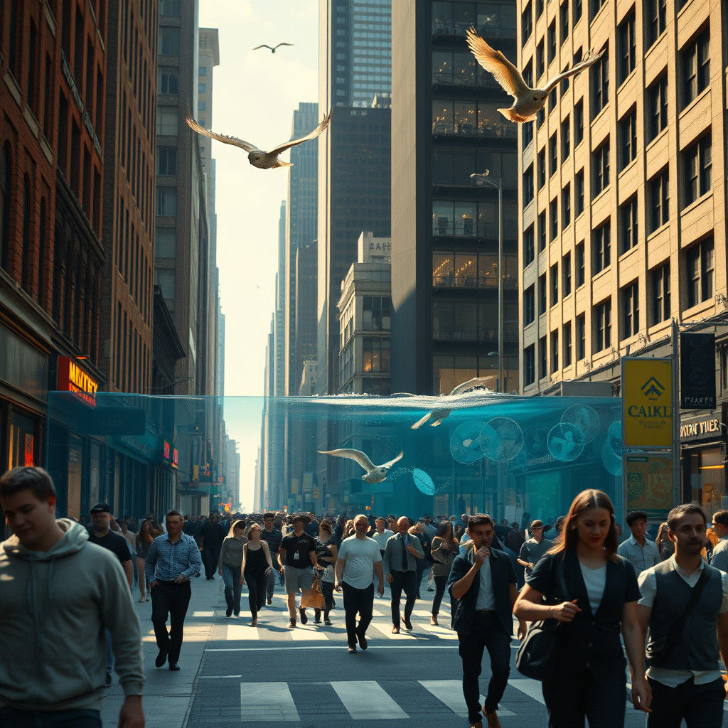 NYC Street Scene with Icarus, Mythological Elements