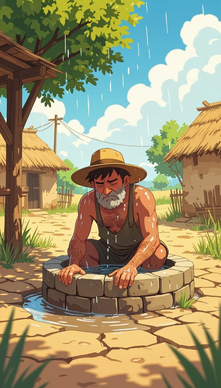 Tired Farmer Bathes in Village Well, Hot Sun