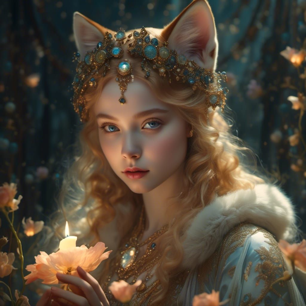 Cat-Human Goddess in Mystical Desert Oasis