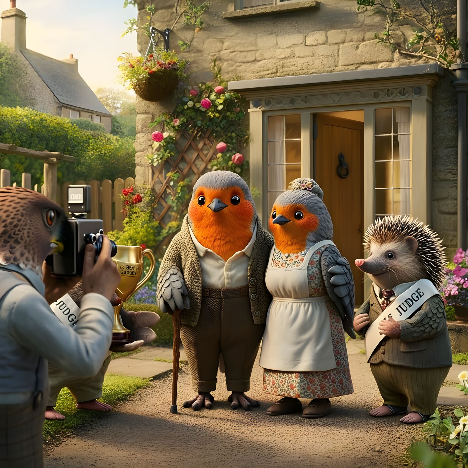 The elderly Robin couple accepting a trophy for Best Garden,...