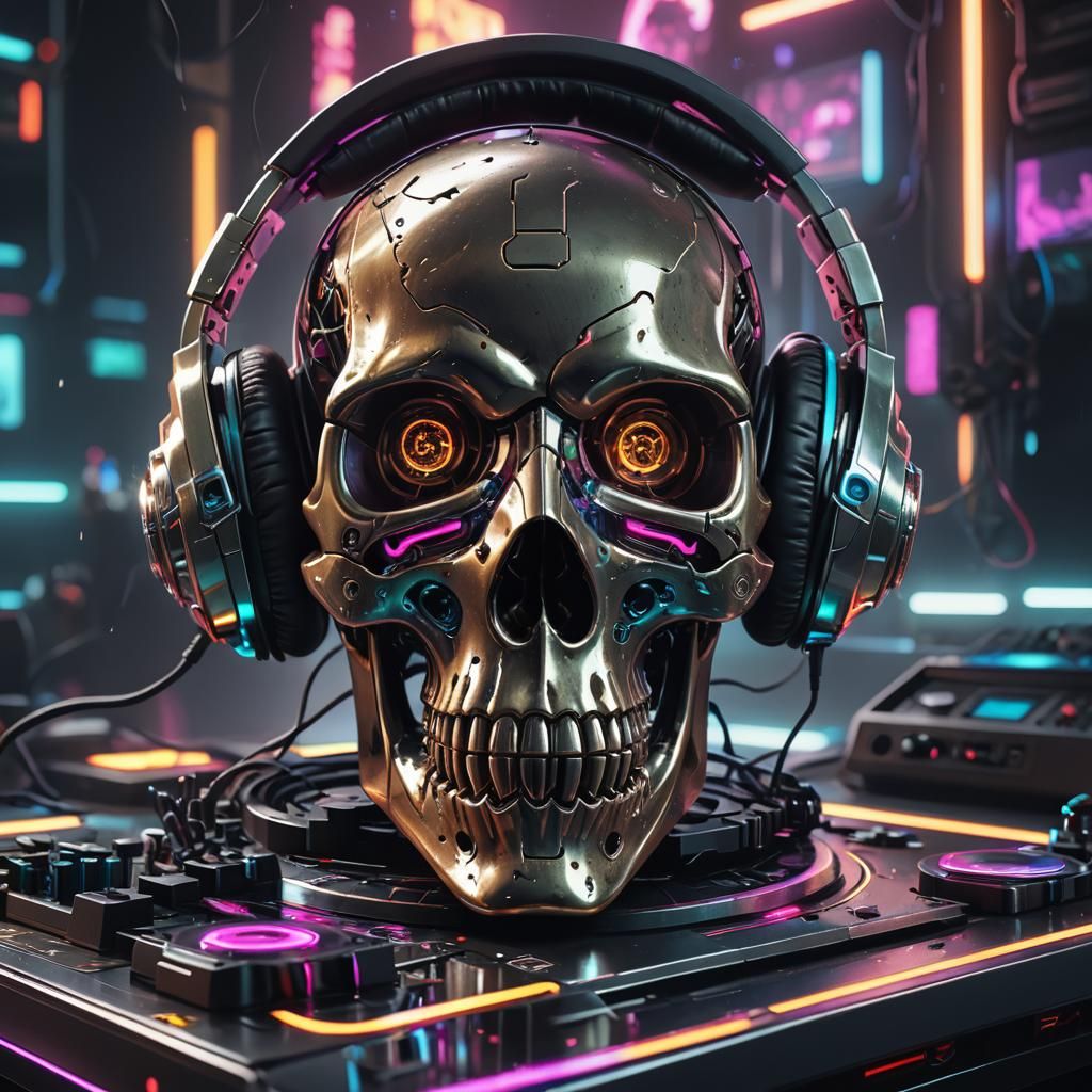 Cyberpunk Skull DJ with Neon Lights