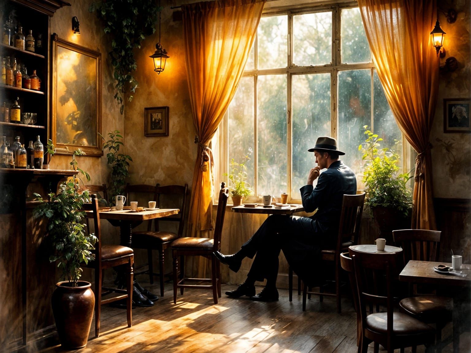 Golden Hour Noir Café Scene with Lone Figure