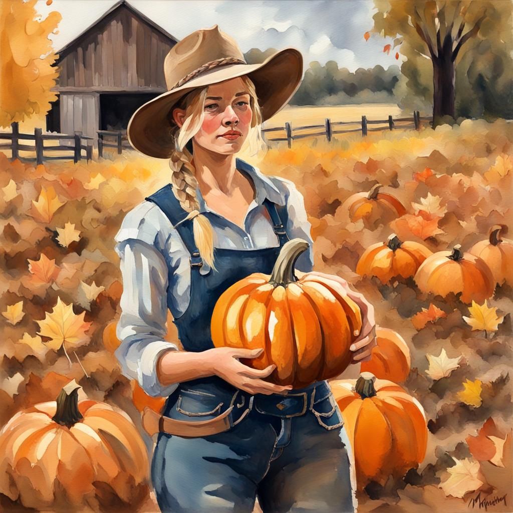 Autumn Harvest: Farmer Picking Pumpkin in Gouache Style