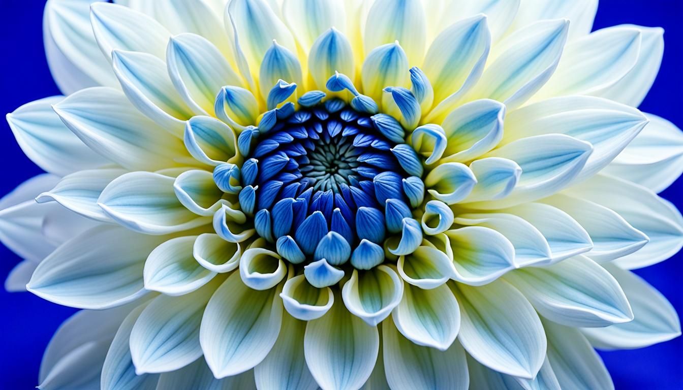Blue and White Dahlia Flower in Photographic Detail