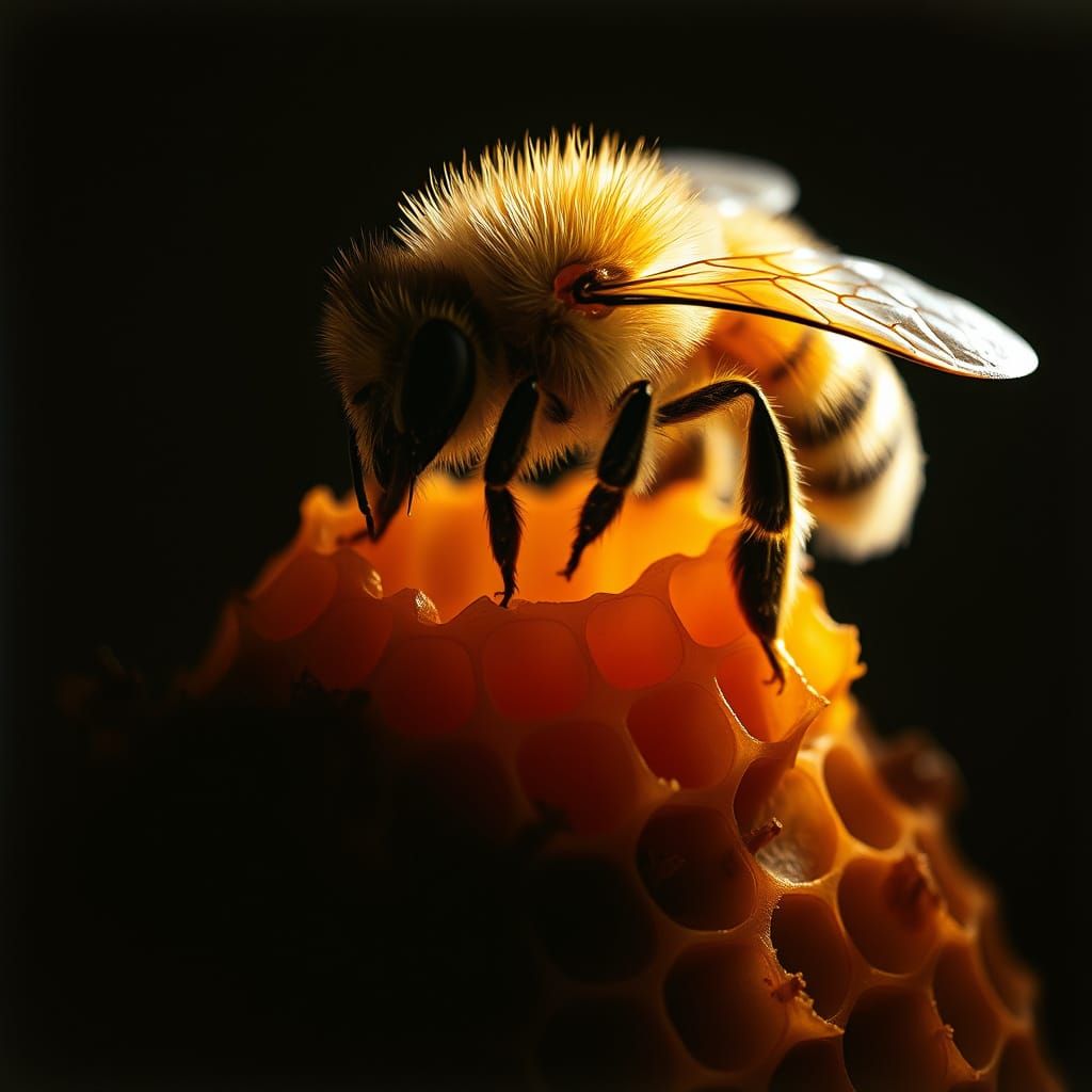 Golden Bee Fills Honeycomb in Cinematic Film Style