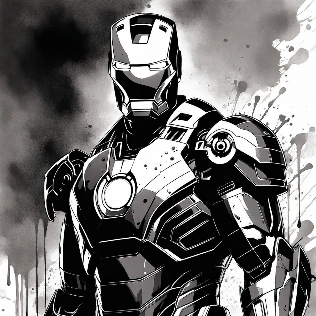 Dramatic Ink Painting of Iron Man in Monochrome