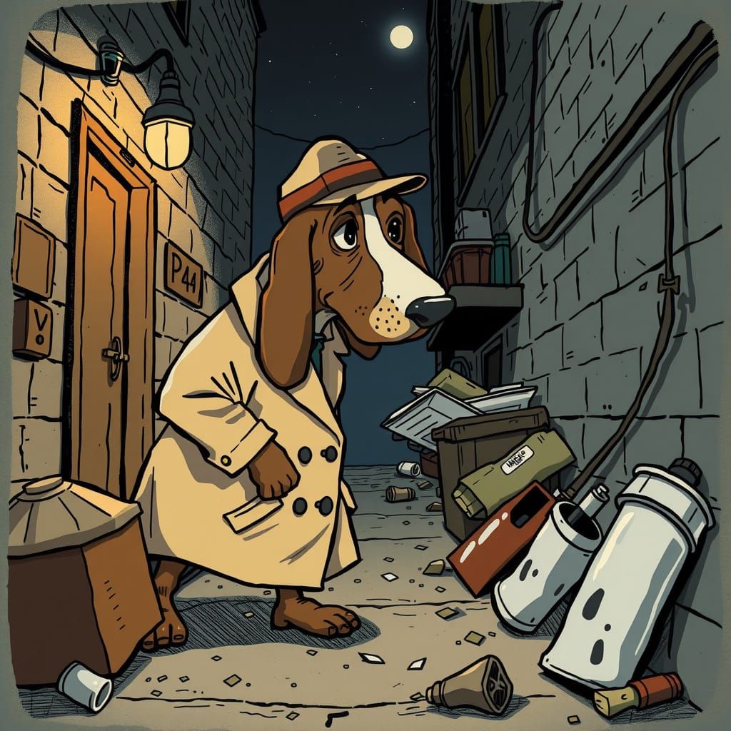 Noir Basset Hound Detective Investigates Dark Alley