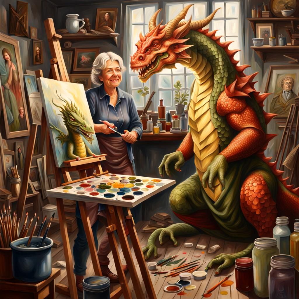 Charming Dragon Overlooks Woman's Joyful Painting Session