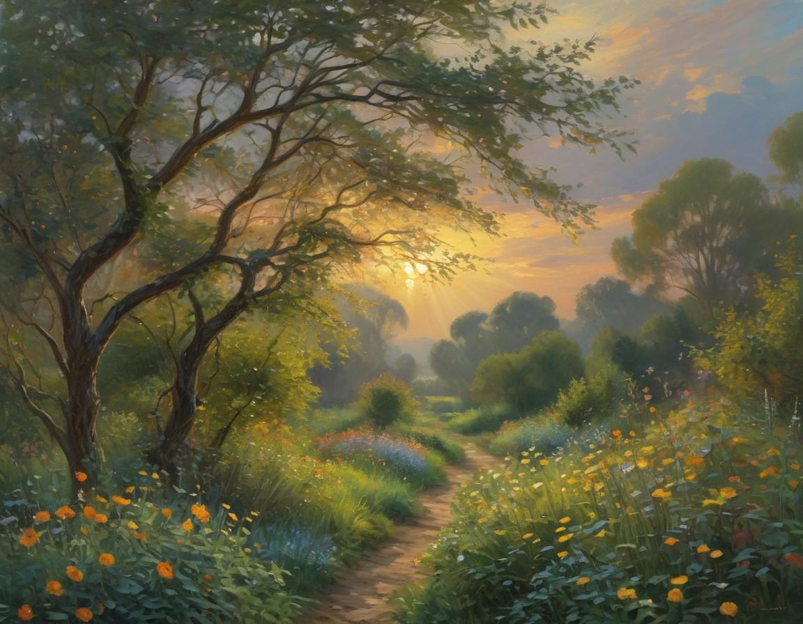 Romantic Garden at Dusk in Impressionist Style