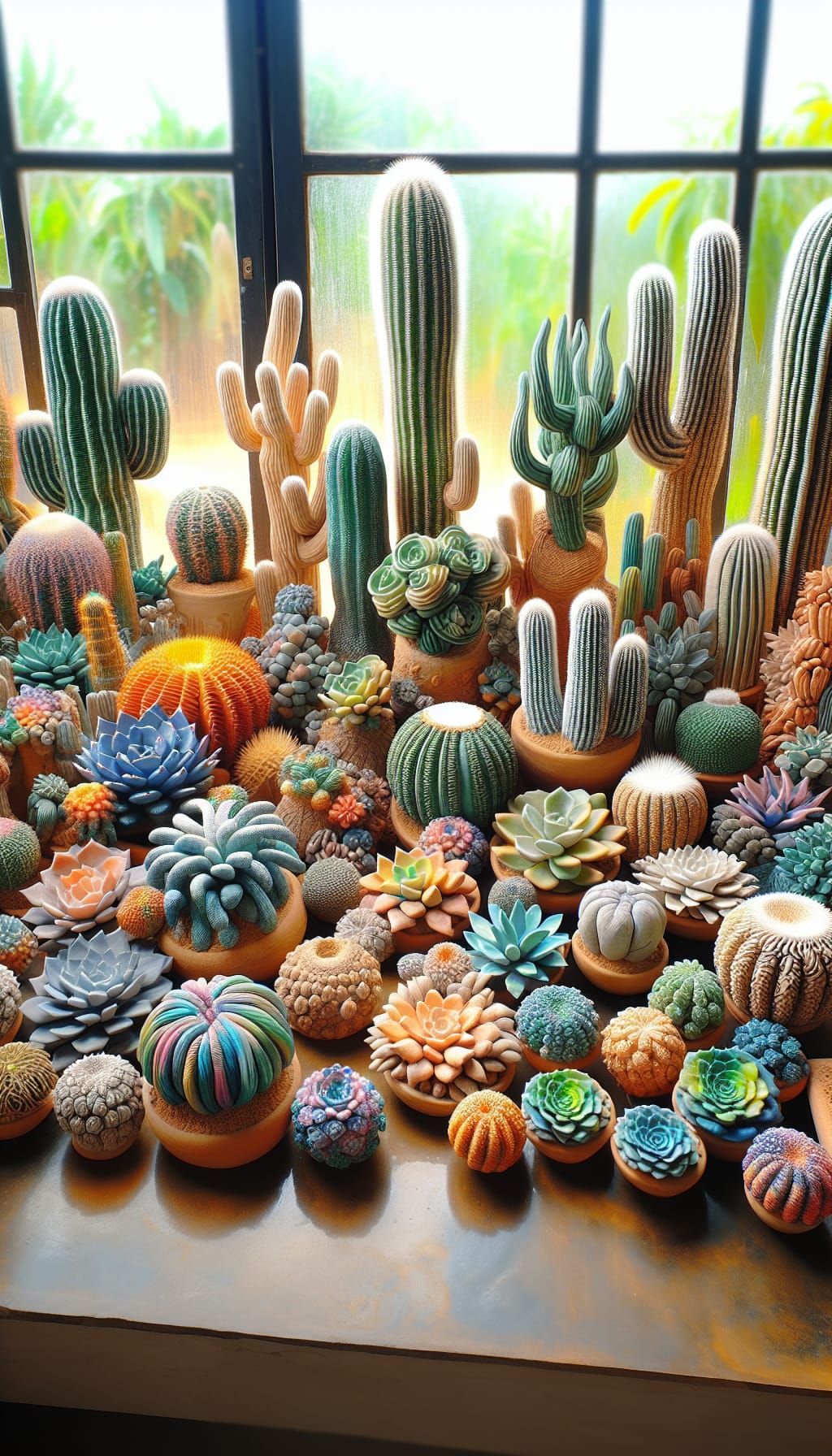 A beautiful arrangement of various large cacti and succulent...