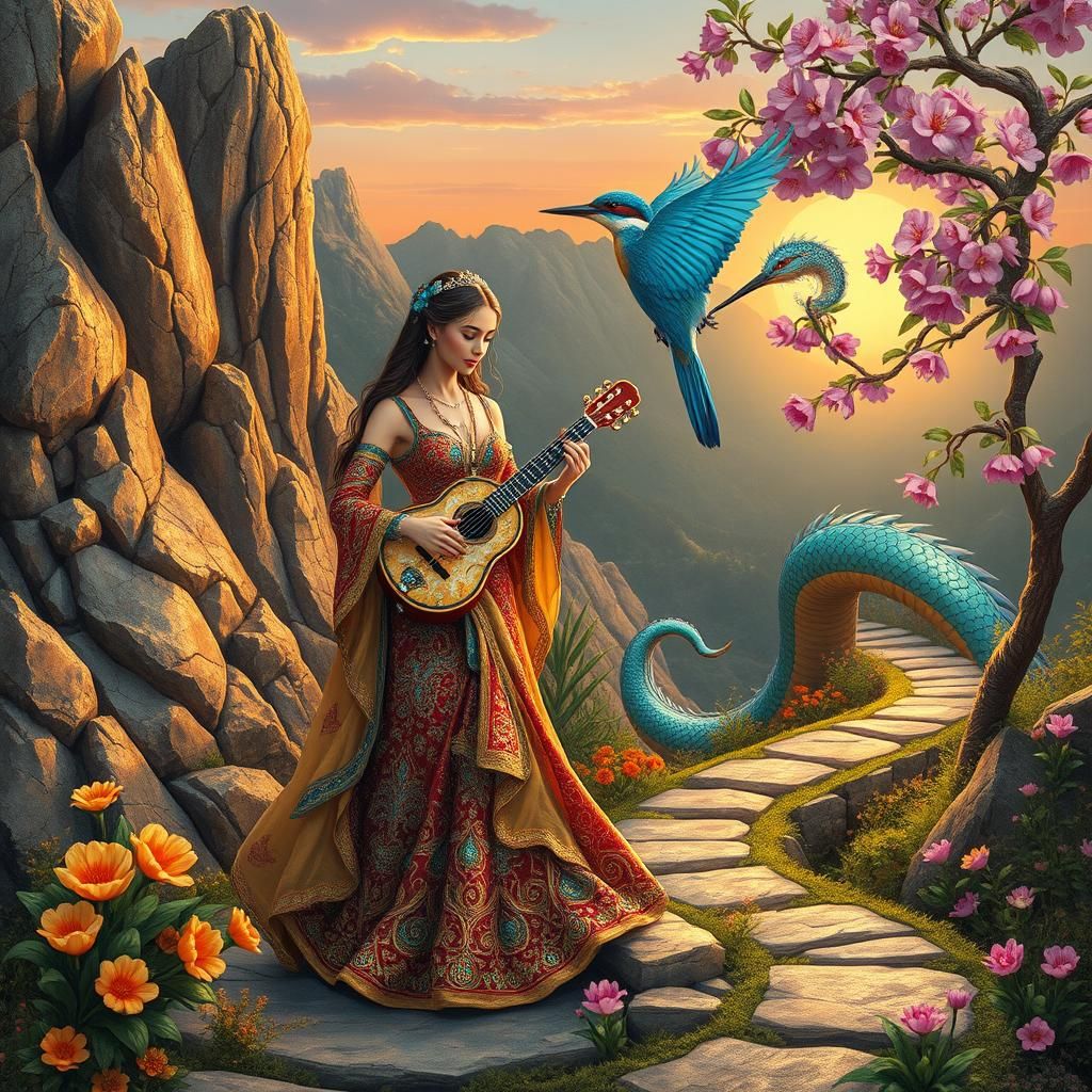 Persian Princess and Dragon in Qajar Art Style