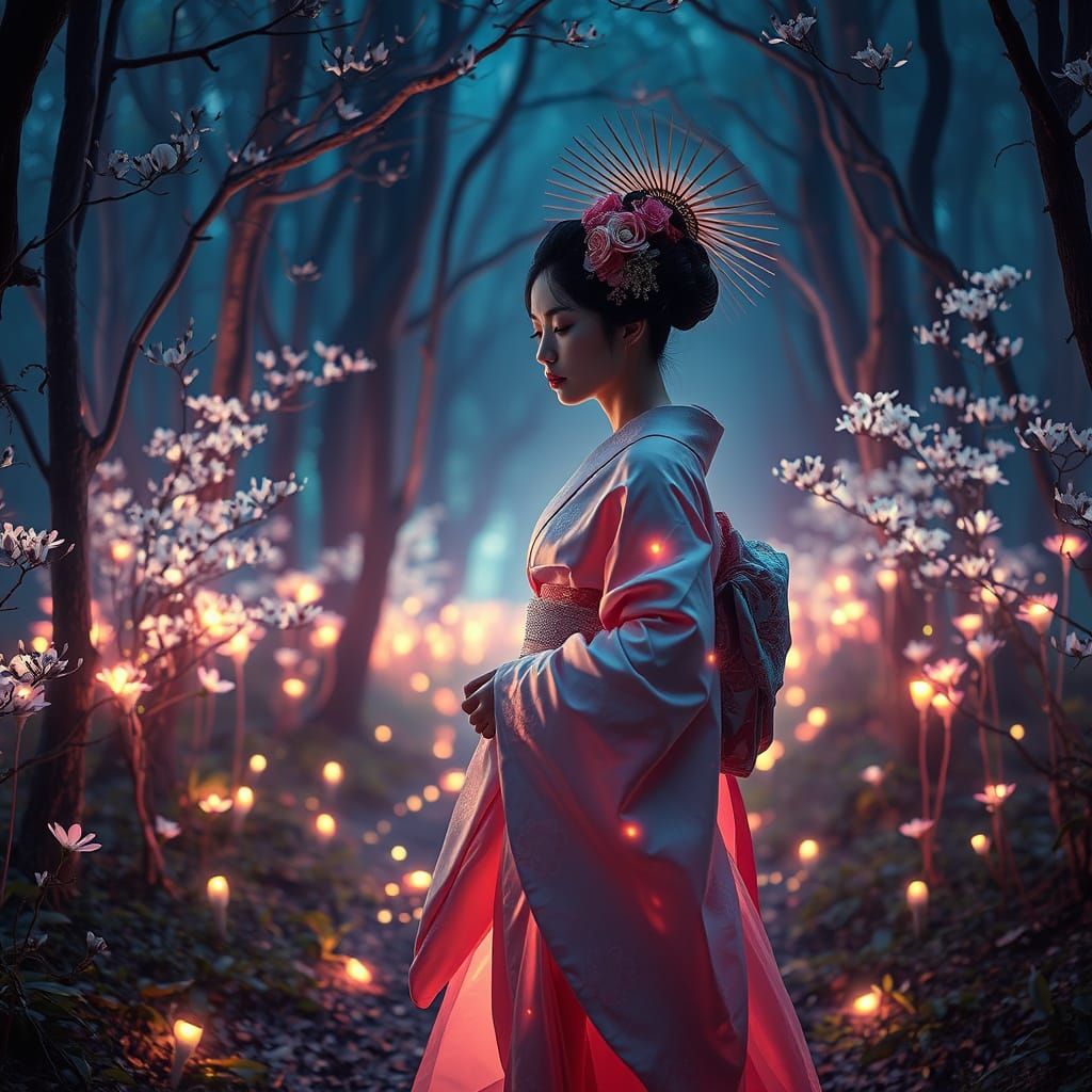 Ethereal Geisha in Bioluminescent Forest: Psychedelic Fine A...
