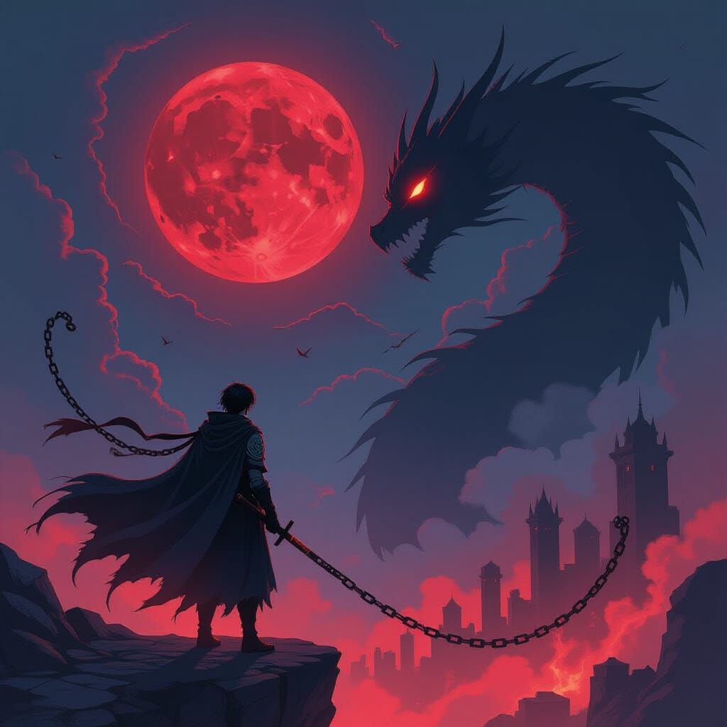 Warrior Under Blood Moon With Shadow Dragon