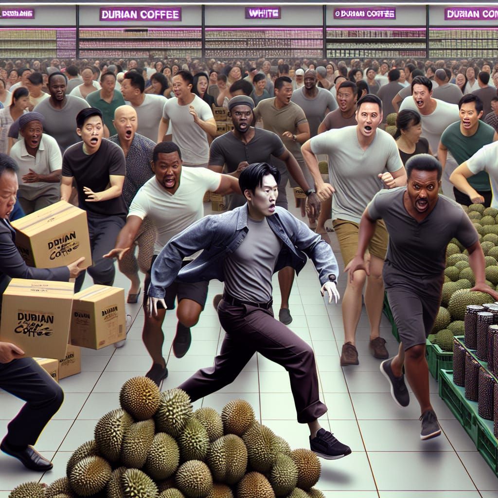 South Asian Man Buys Durian Coffee in Crowded Store