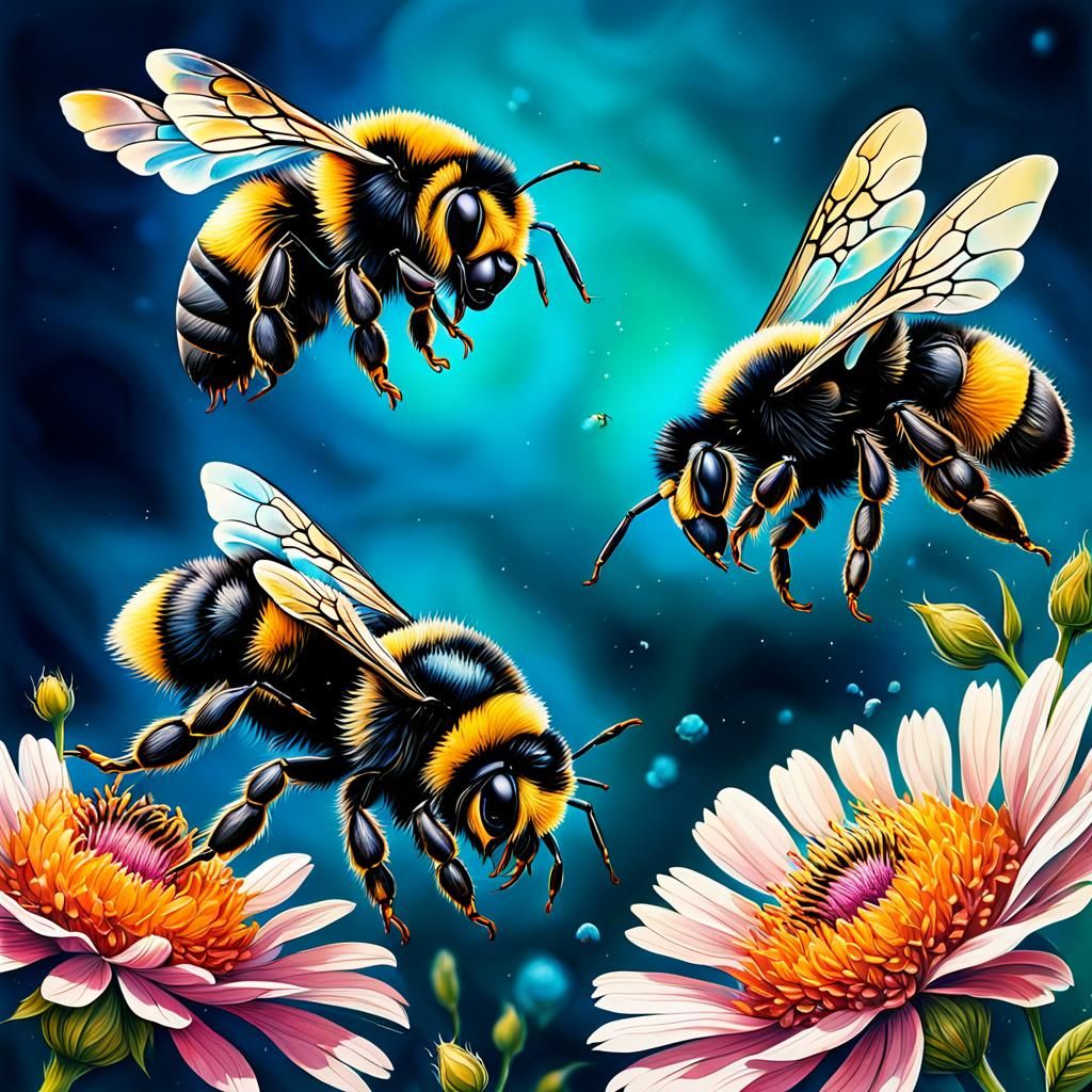Bumblebees Flying Over Flower in Abstract Art Style
