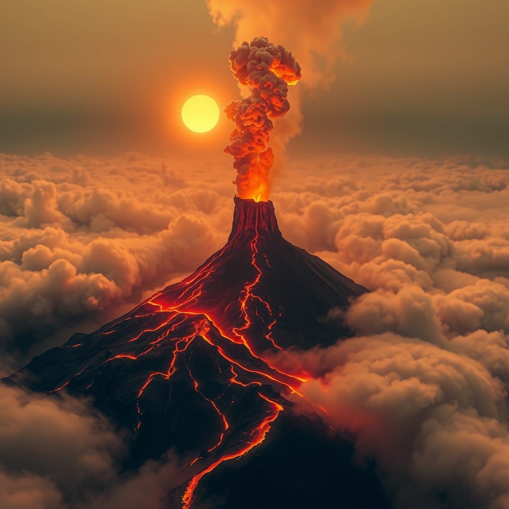 Erupting Volcano with Sepia Glow, Fine Art Masterpiece