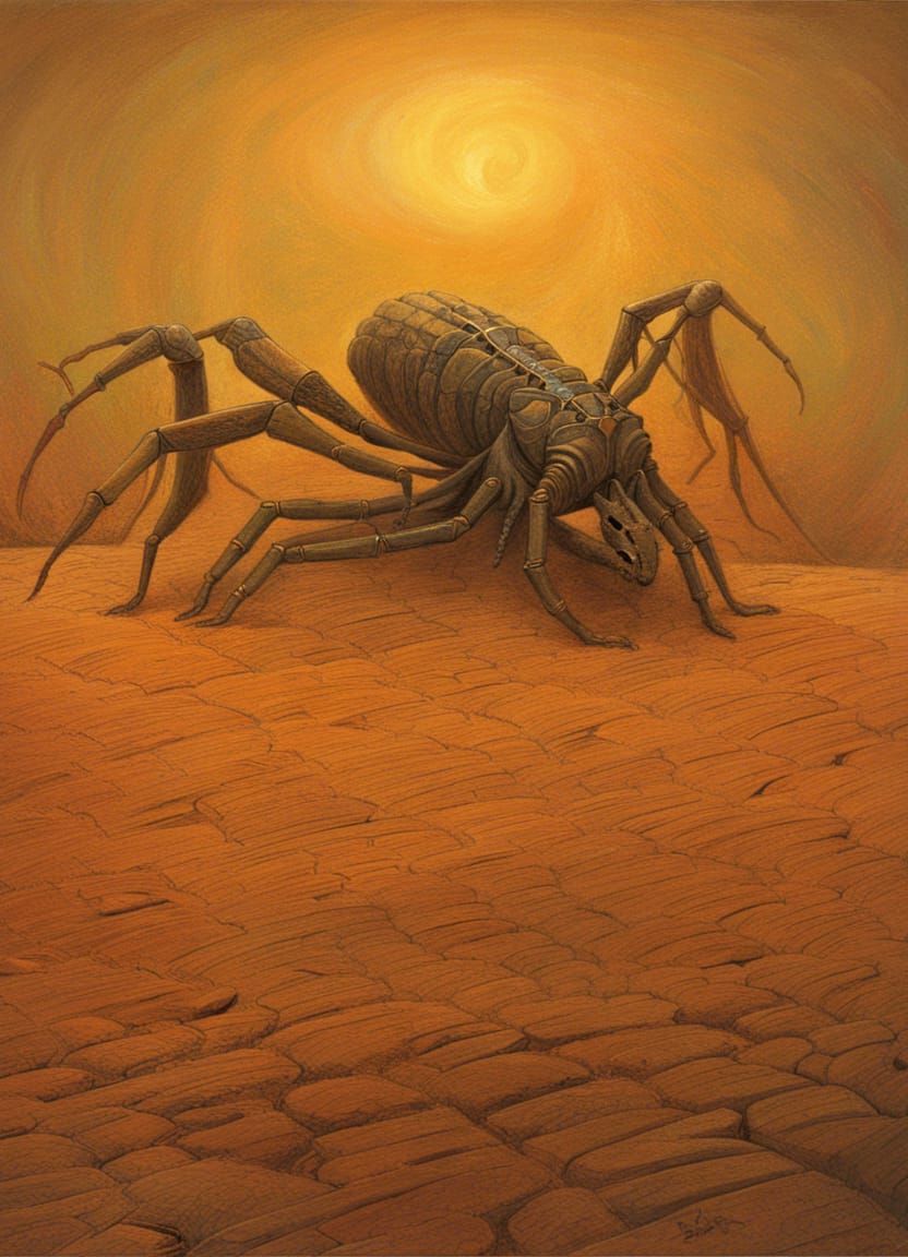 Scorpion in Surreal Desert Landscape, Beksiński Style