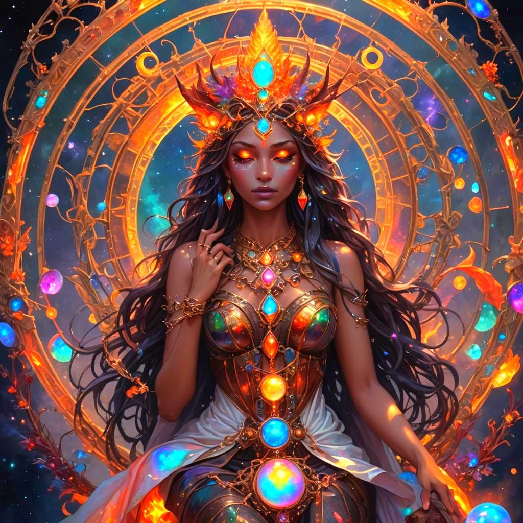 Celestial Temple and Goddess on Fire Opal