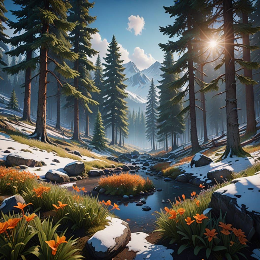 Serene Mountain Spring Scene in Fantasy Art Style