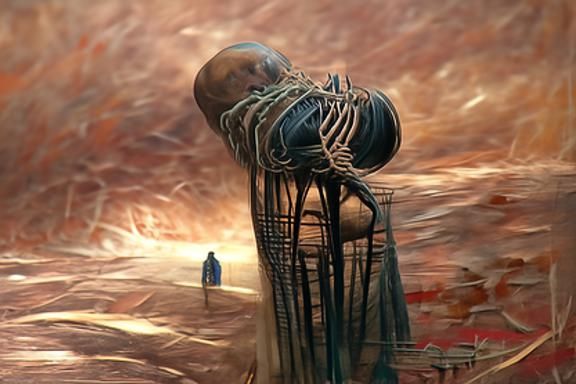 Surreal Horror: Red Skeleton in Beksinski-esque Landscape