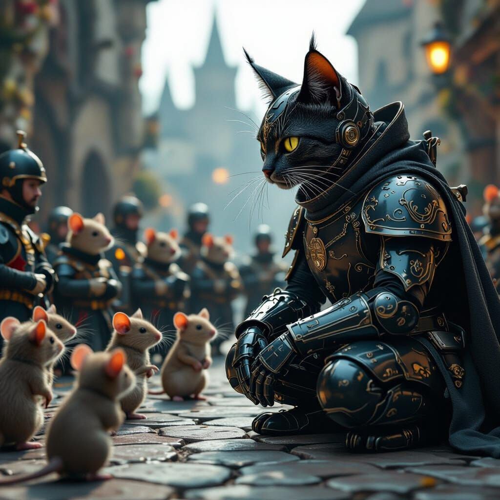 Medieval Cyborg Cat Commander Leading Mouse Army