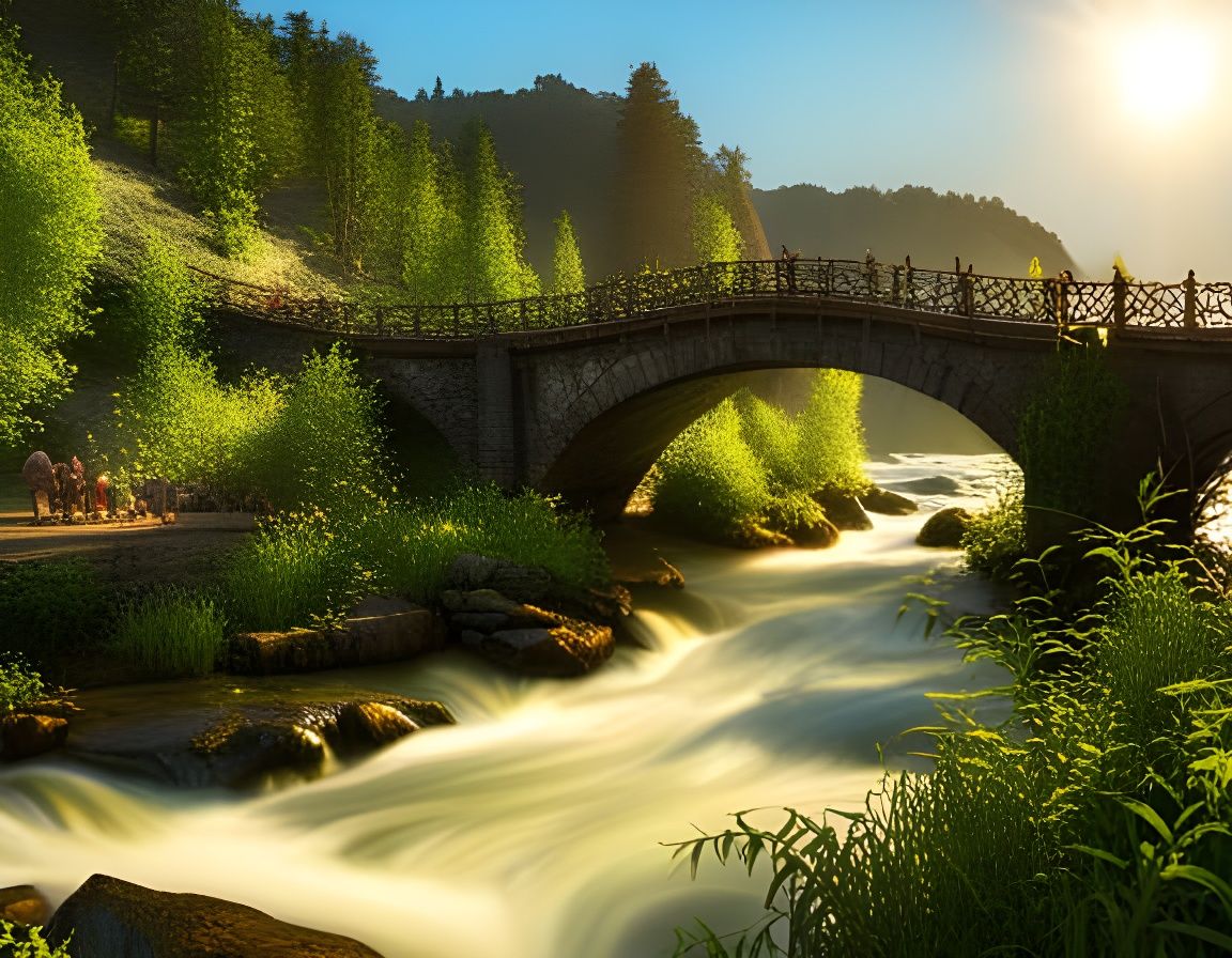 Spectacular Vine Bridge Over Raging River, in Hyperrealism