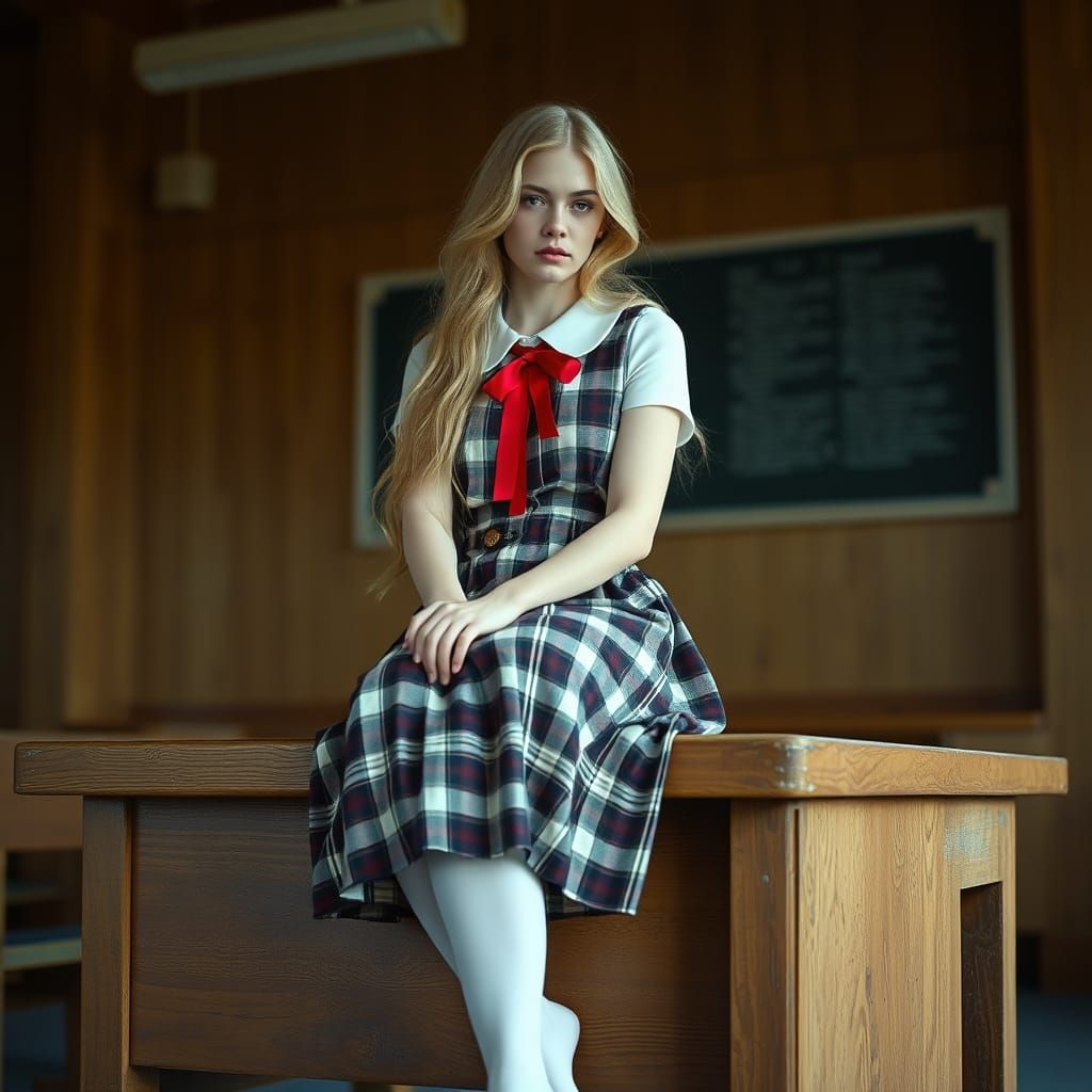 Elegant Woman in Classic Plaid Dress, Shot in 35mm Film Styl...