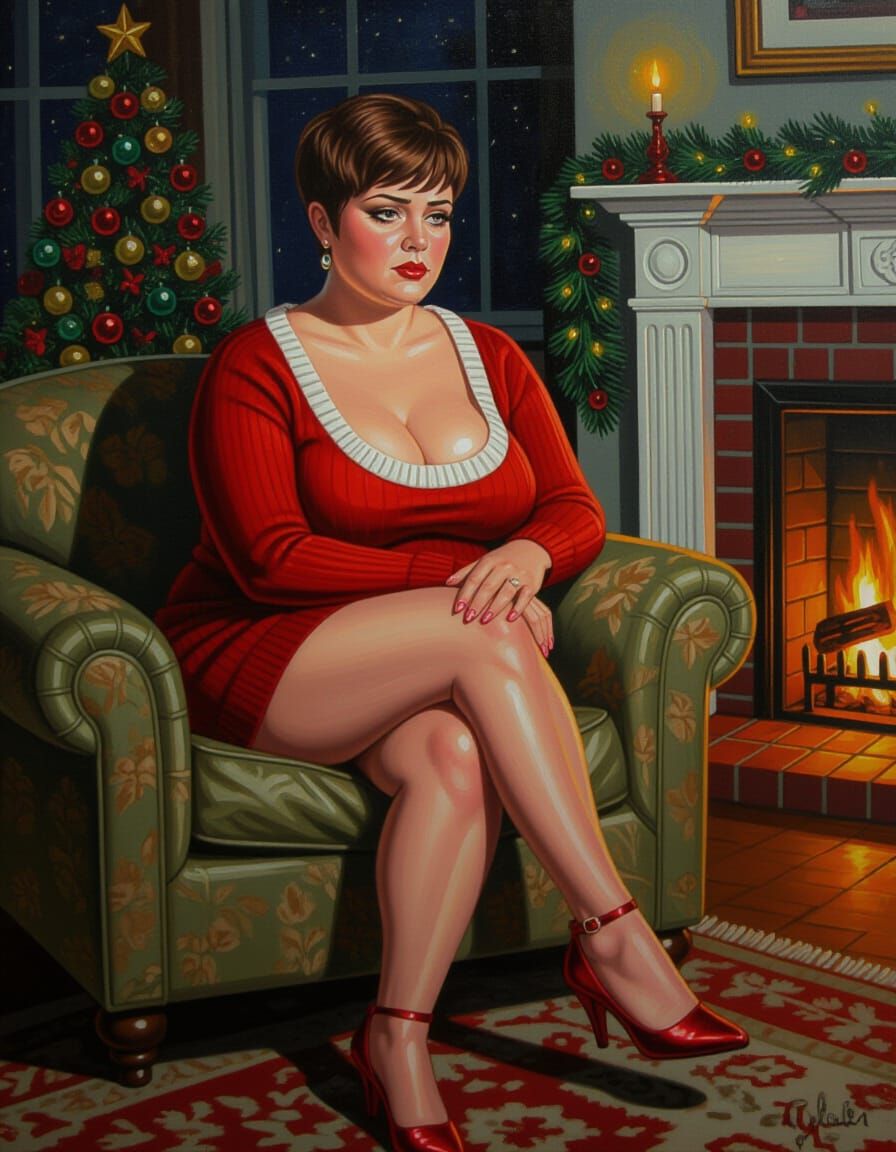 Surreal Oil Portrait of Woman Waiting by Fireplace