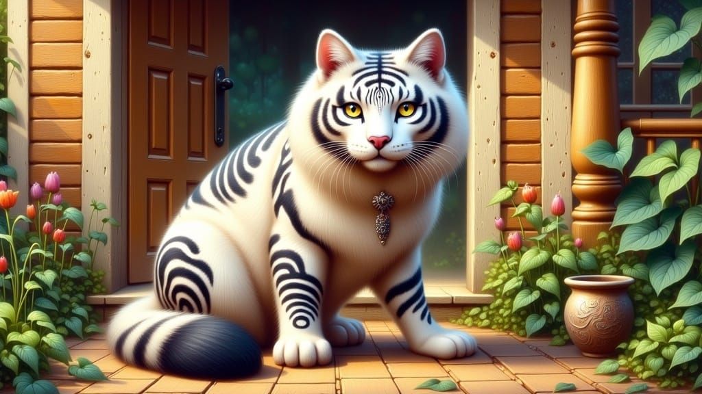 Majestic Tuxedo Cat with Tribal Tattoos in Folk Art Style