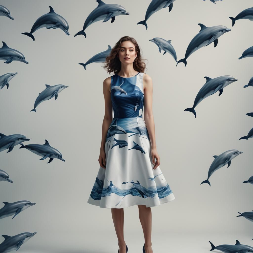 Woman in Dolphin Dress: Hyper-Realistic Photography