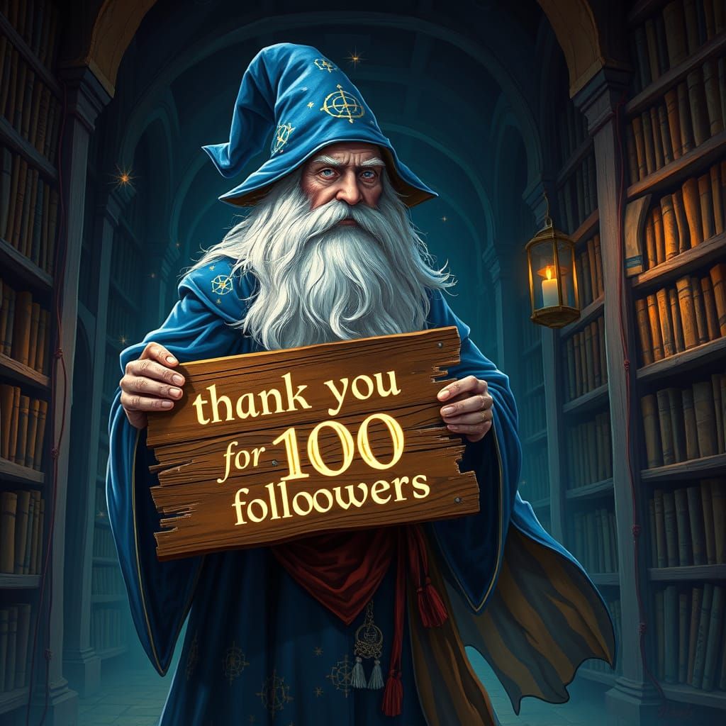 Wizard Thanks Followers with Magical Glowing Sign