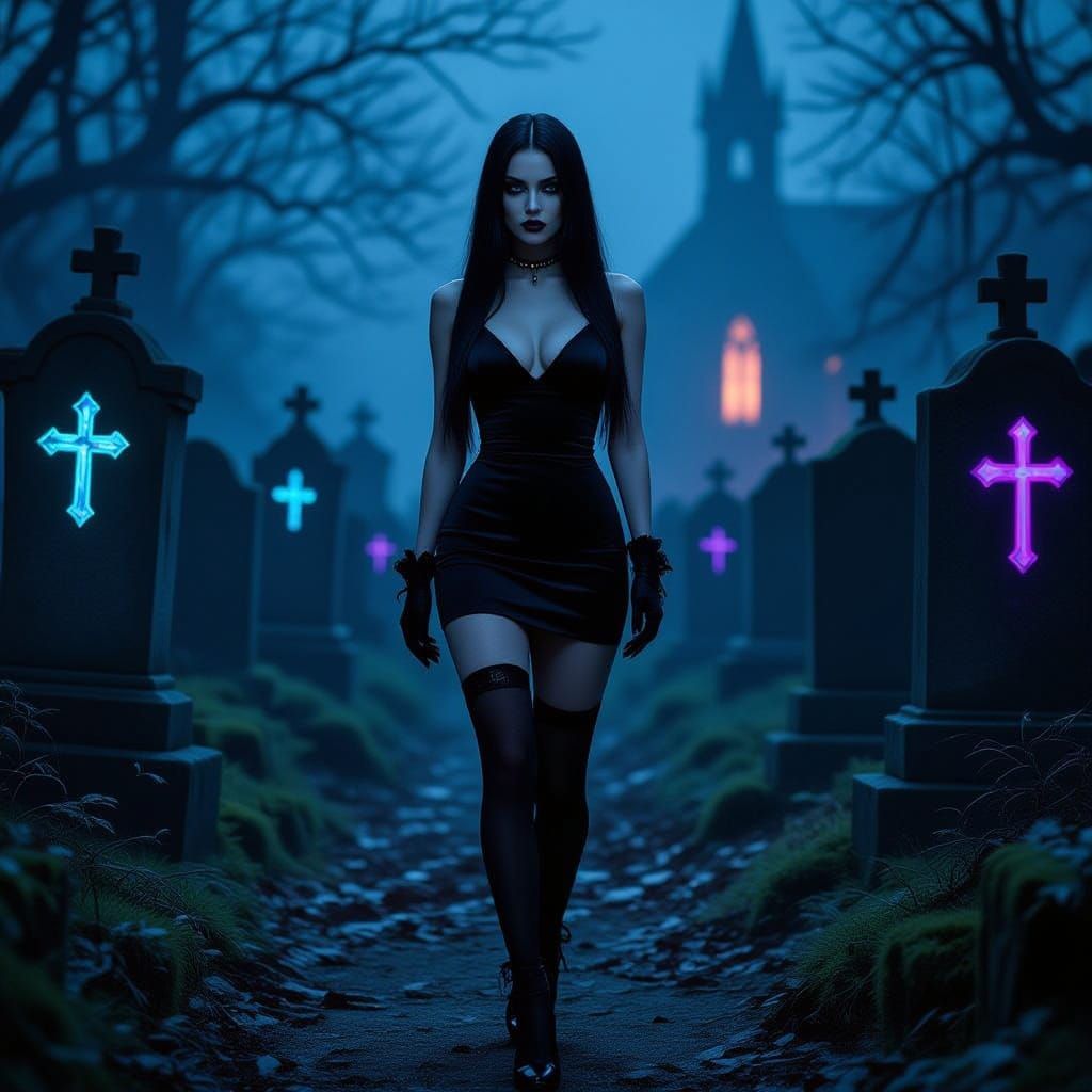 Gothic Woman in Neon Graveyard