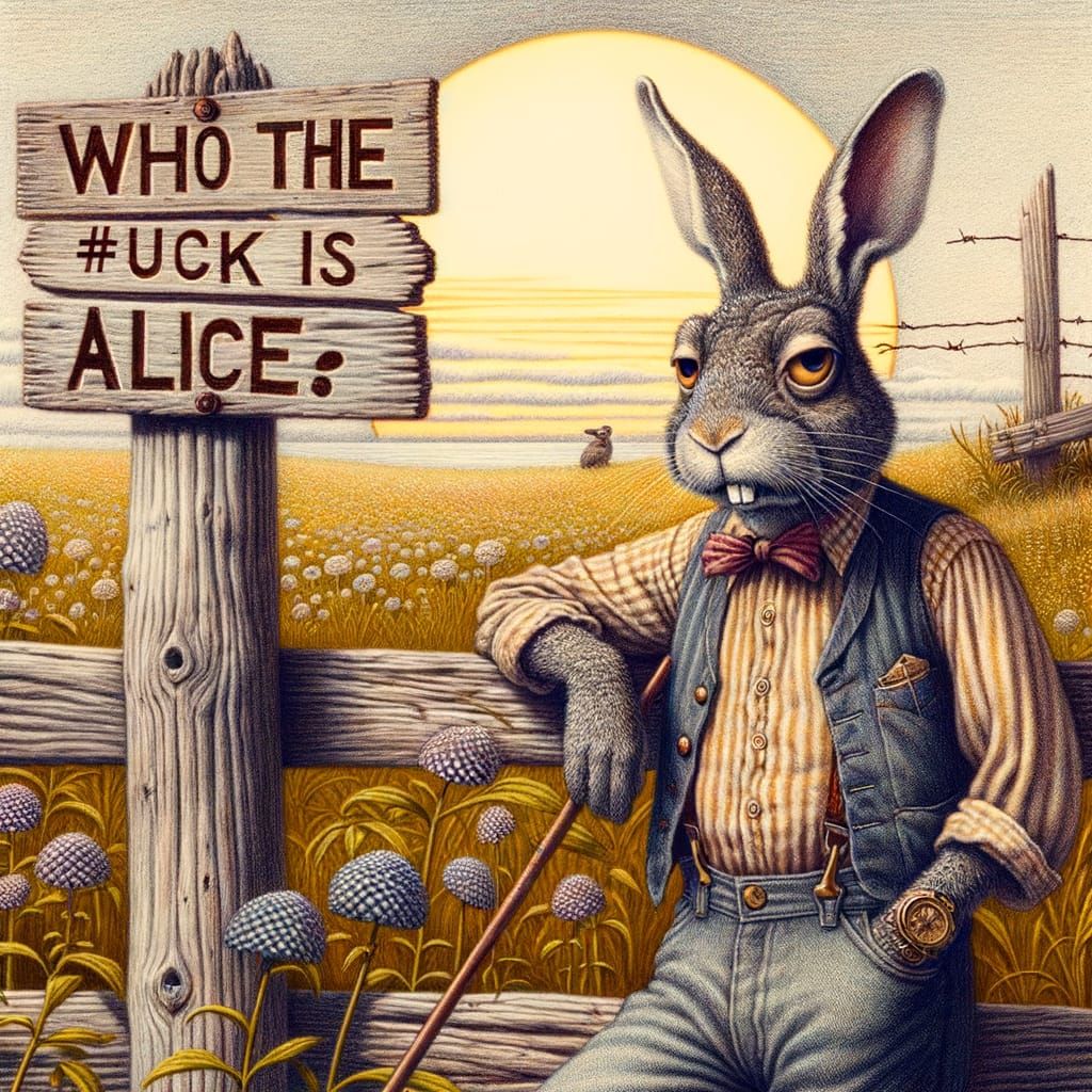 Whimsical Rabbit Meets Alice in a Humorous Colored Pencil Dr...