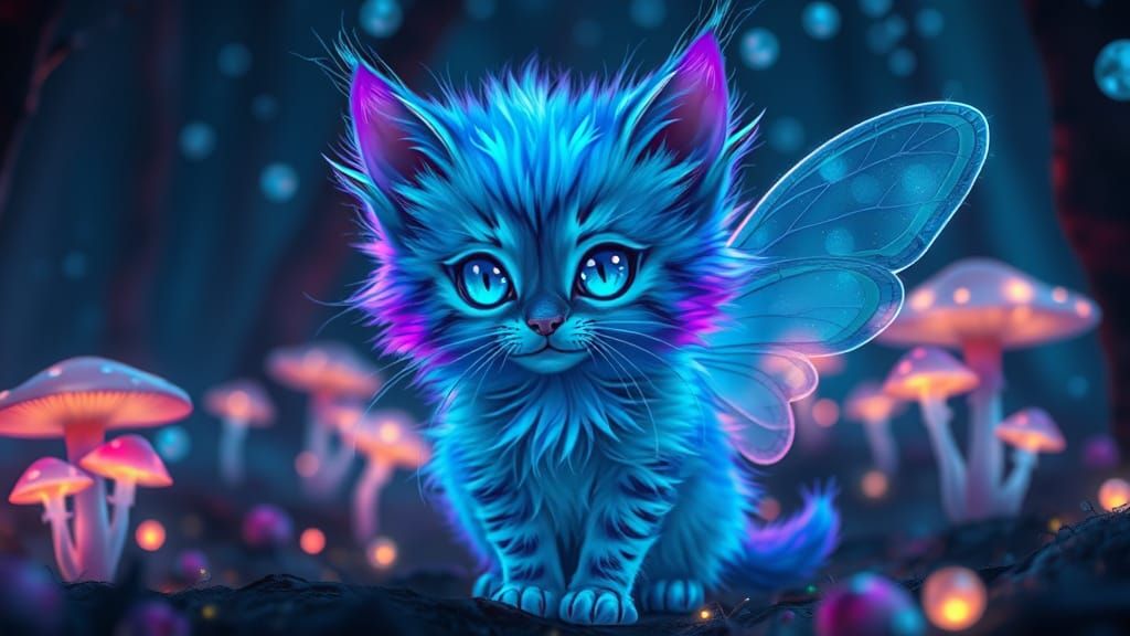 Glowing Kitten in Enchanted Forest at Night, in Hyperrealist...