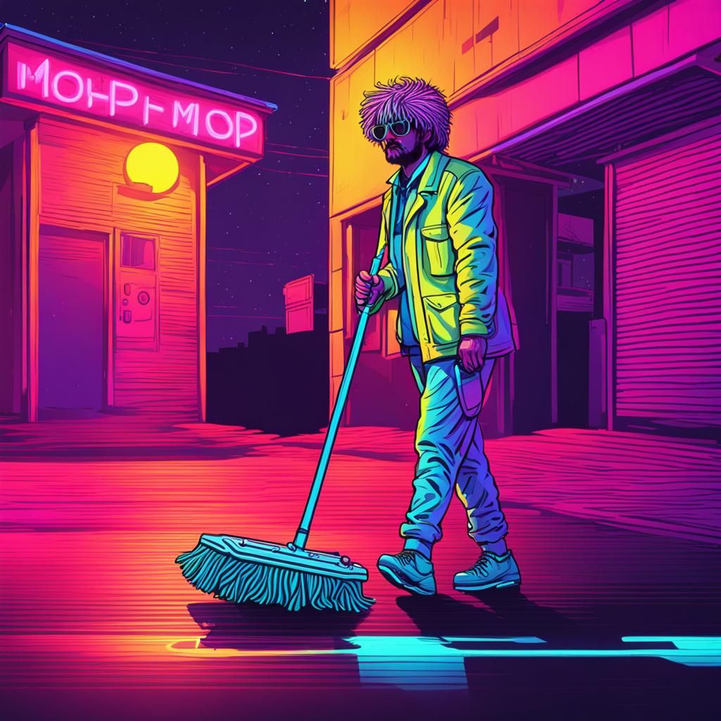Man in Mop Costume with Synthwave Neon Style