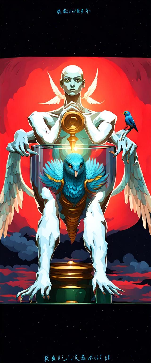 Blue Avian Humanoid in Glass Fishbowl