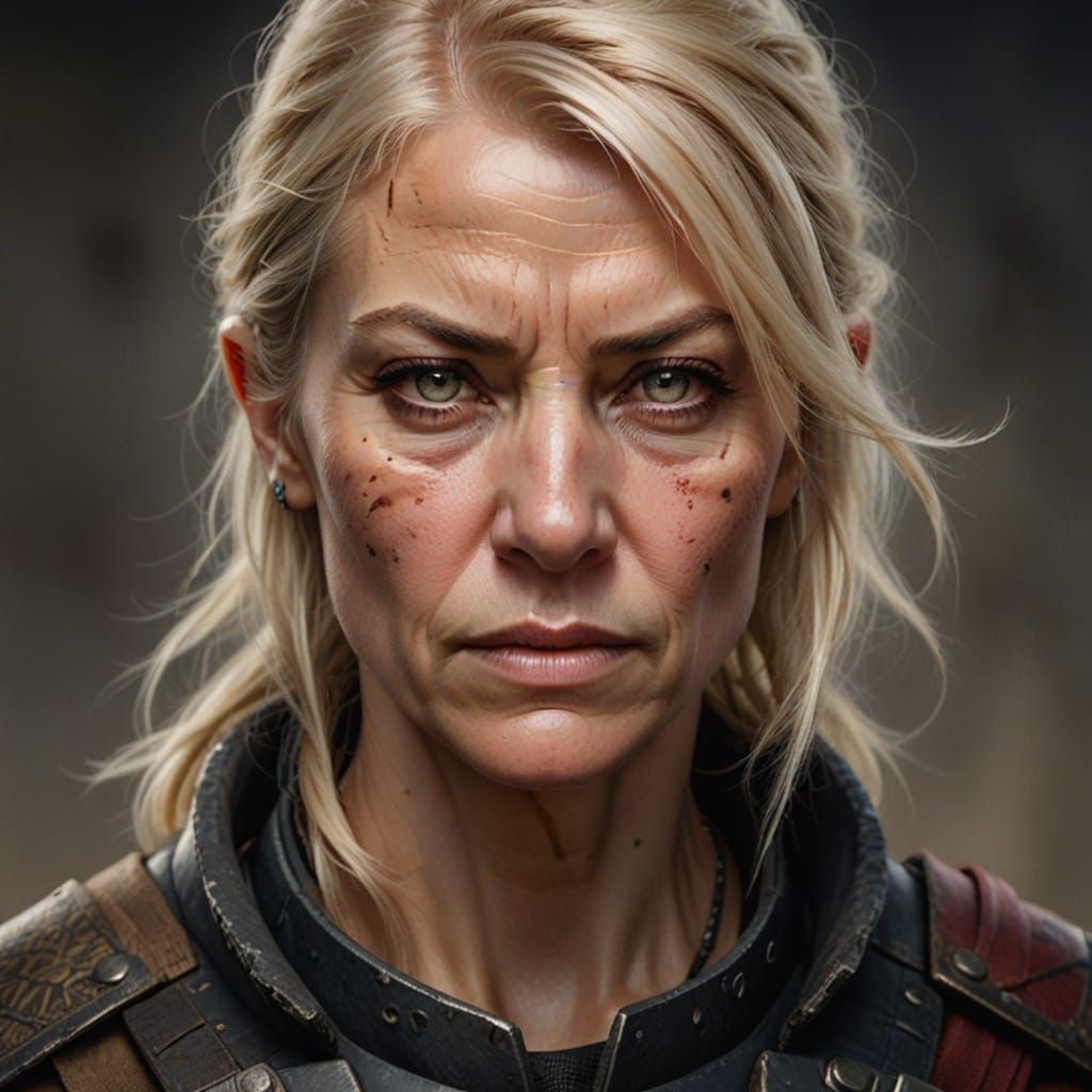 Hyperrealistic Portrait: Scarred Blonde Female Fighter