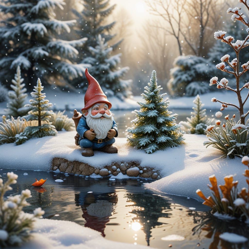 Magical Garden Gnome Fishing in Winter Wonderland