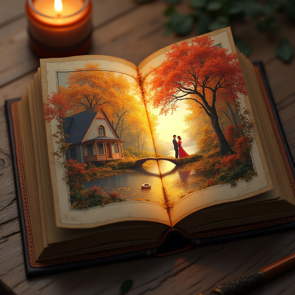 Autumn Book Scene with Couple in Matte Painting Style