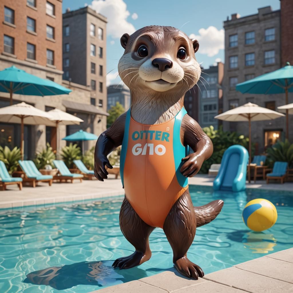 Cartoon Otter in Swimsuit at City Pool