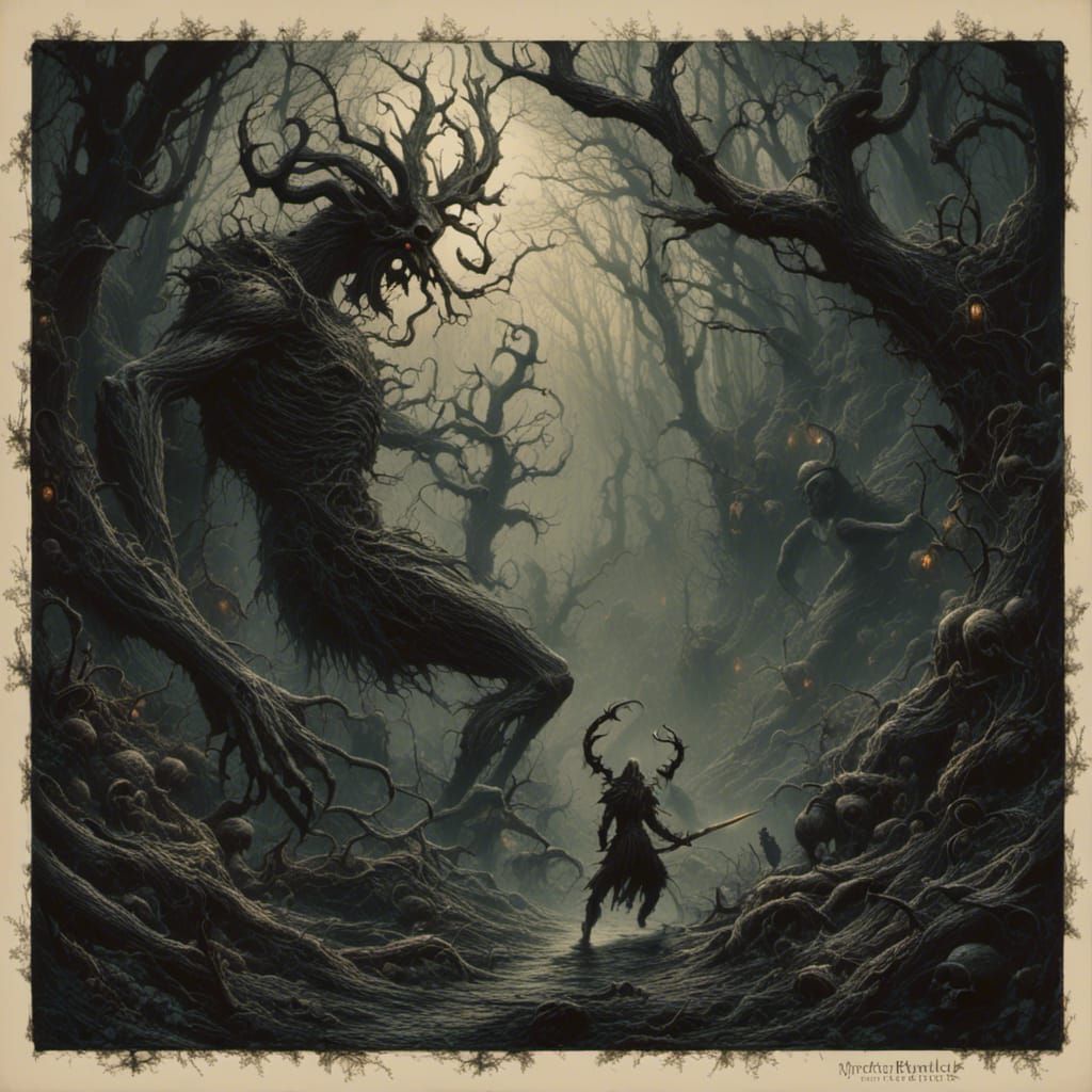 Wendigo Hunts Medusa in Dark Fantasy Forest